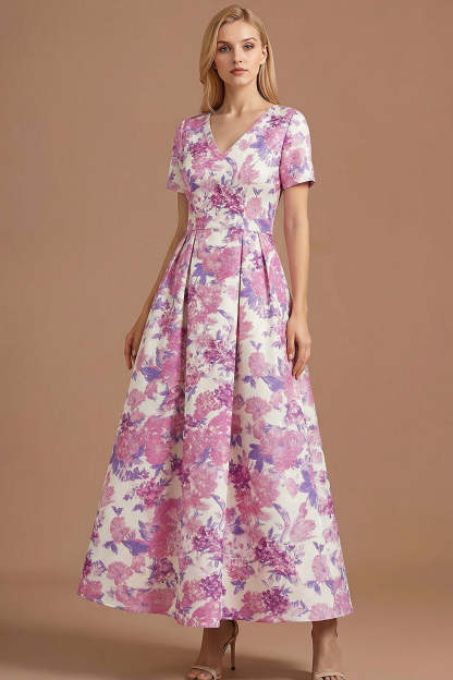 A Line Blue Daffodil Floral Jacquard V Neck Maxi Prom Dress