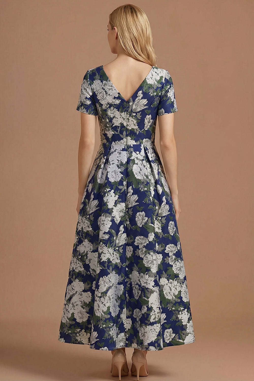 A Line Blue Daffodil Floral Jacquard V Neck Maxi Prom Dress