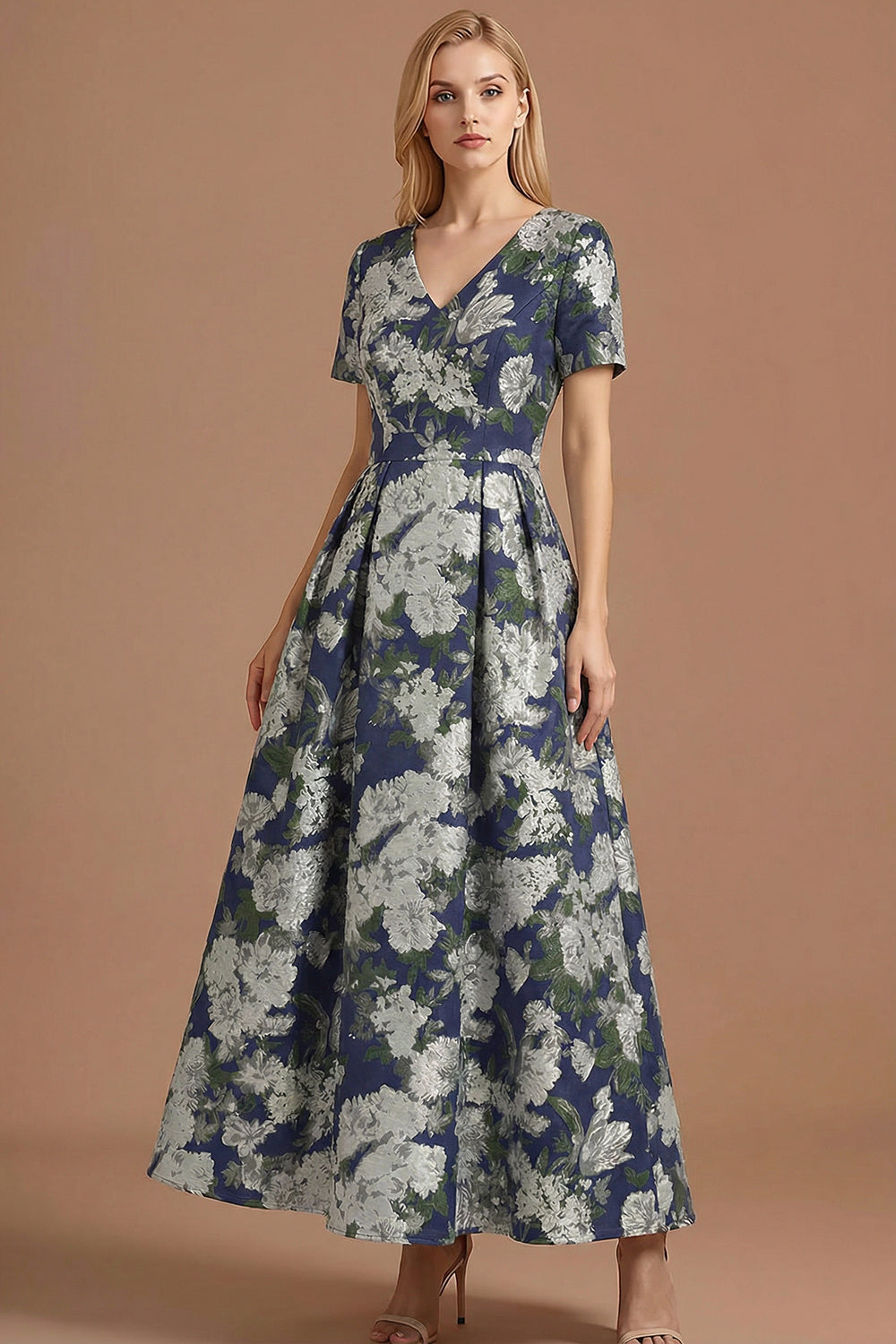 A Line Blue Daffodil Floral Jacquard V Neck Maxi Prom Dress