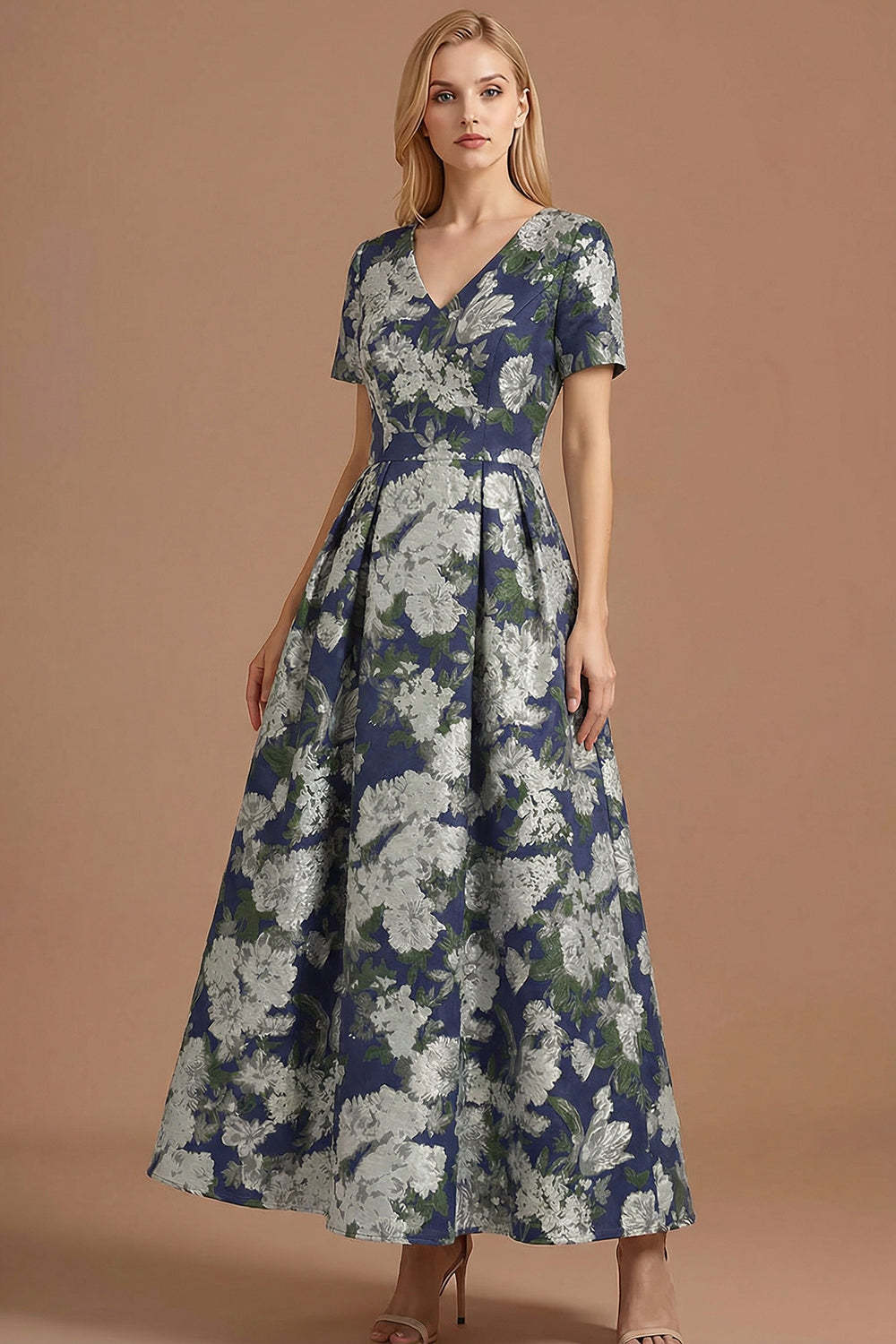 A Line Blue Daffodil Floral Jacquard V Neck Maxi Prom Dress