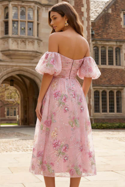 Pink Floral Sparkly Off the Shoulder A Line Midi Prom Dress