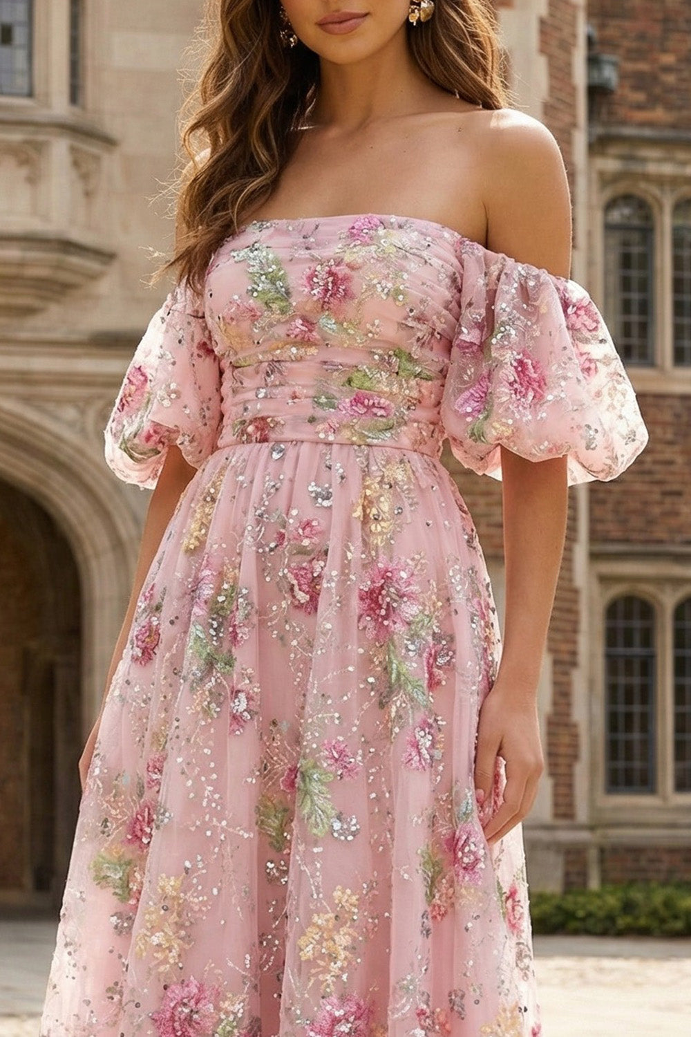 Pink Floral Sparkly Off the Shoulder A Line Midi Prom Dress