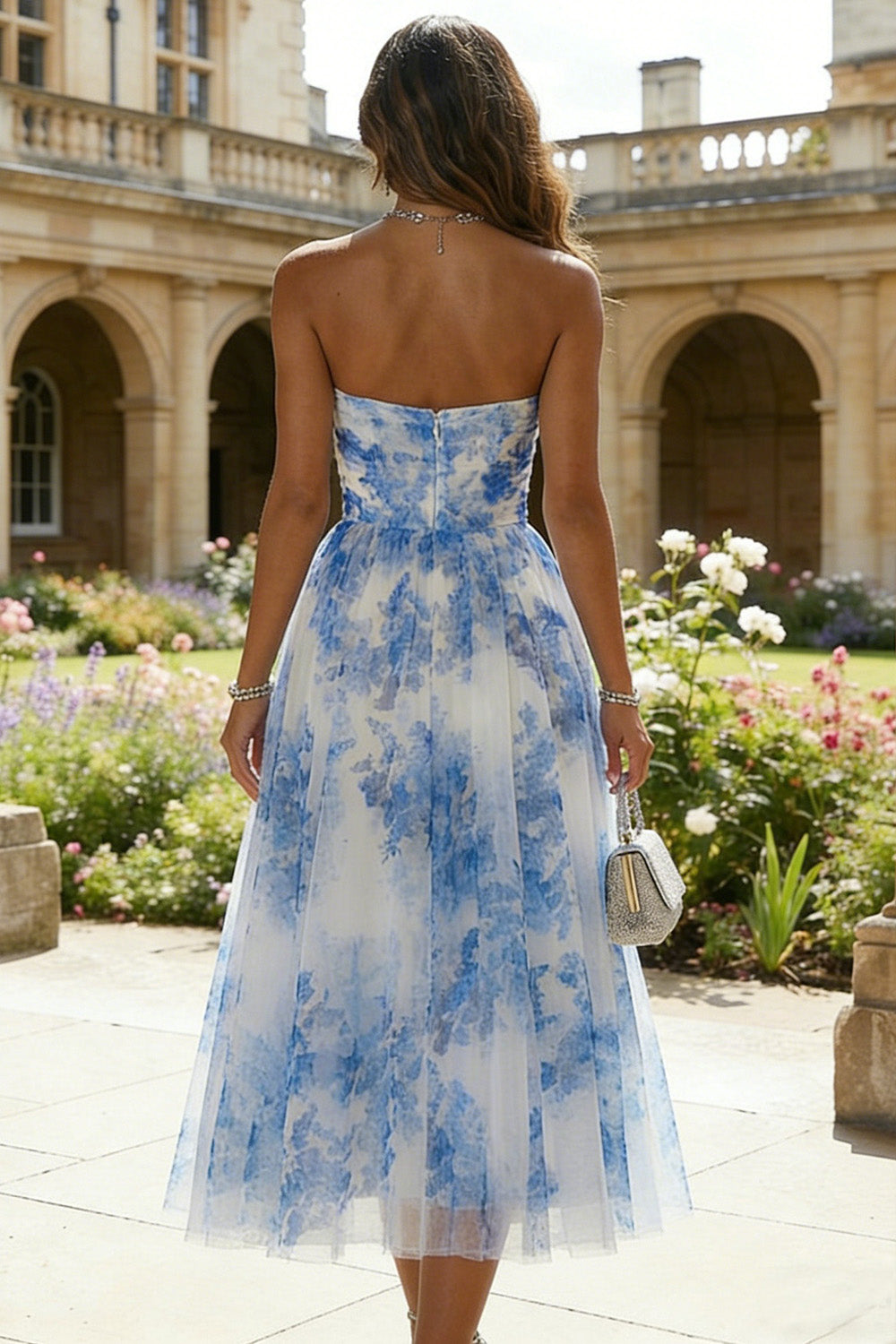 White and Blue Strapless Floral A Line Midi Prom Dress