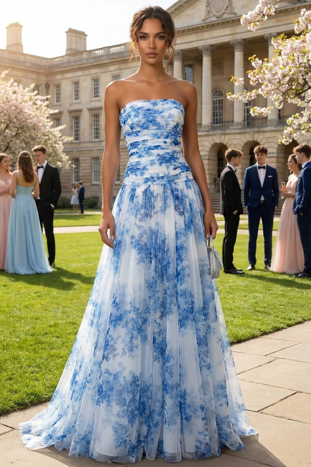 White and Blue Floral Strapless A Line Long Prom Dress