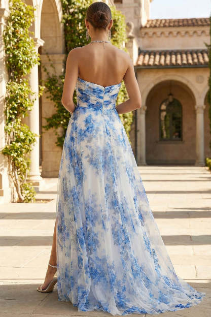 White and Blue Sweetheart Floral Sheath Long Prom Dress with Slit