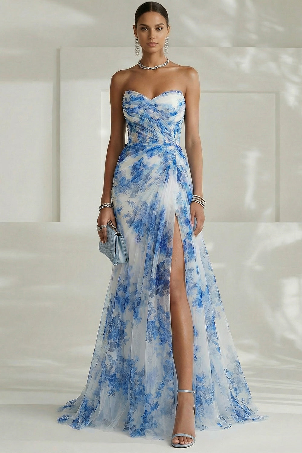 White and Blue Sweetheart Floral Sheath Long Prom Dress with Slit