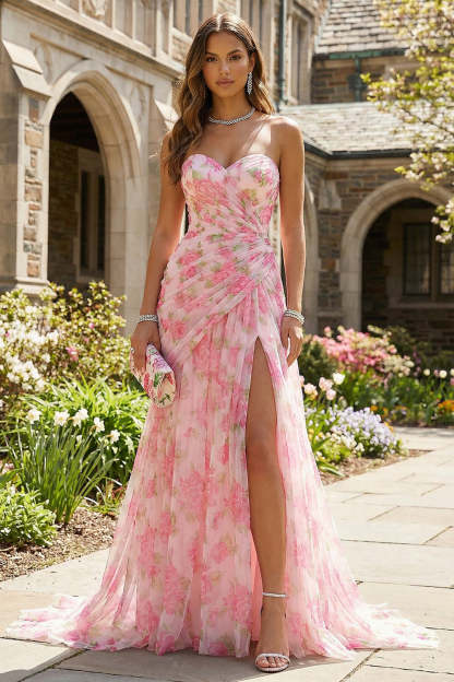 Leely Women Pink Long Prom Floral Dress with Slit Sweetheart Ruched Sheath Wedding Guest Dress
