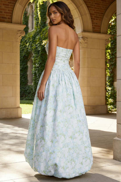 Blue and White Floral A Line Strapless Long Prom Dress with Slit
