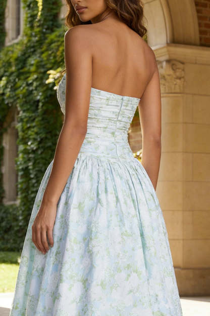 Blue and White Floral A Line Strapless Long Prom Dress with Slit