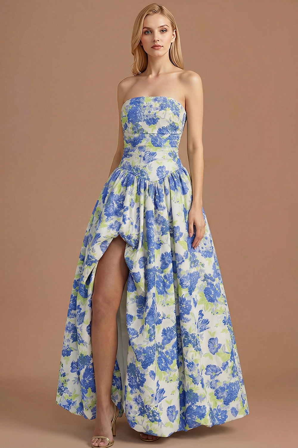 Leely Women A Line Blue Daffodil Floral Maxi Prom Dress with Slit Jacquard Ruched Strapless Evening Dress