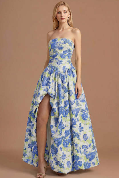 Leely Women A Line Blue Daffodil Floral Maxi Prom Dress with Slit Jacquard Ruched Strapless Evening Dress