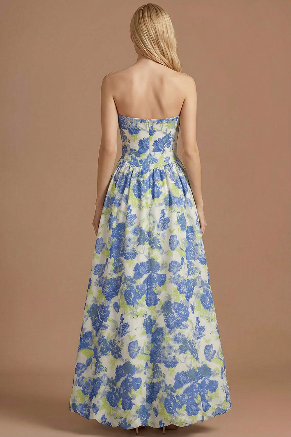 A Line Blue Daffodil Floral Jacquard Maxi Prom Dress with Slit