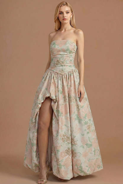 A Line Blue Daffodil Floral Jacquard Maxi Prom Dress with Slit