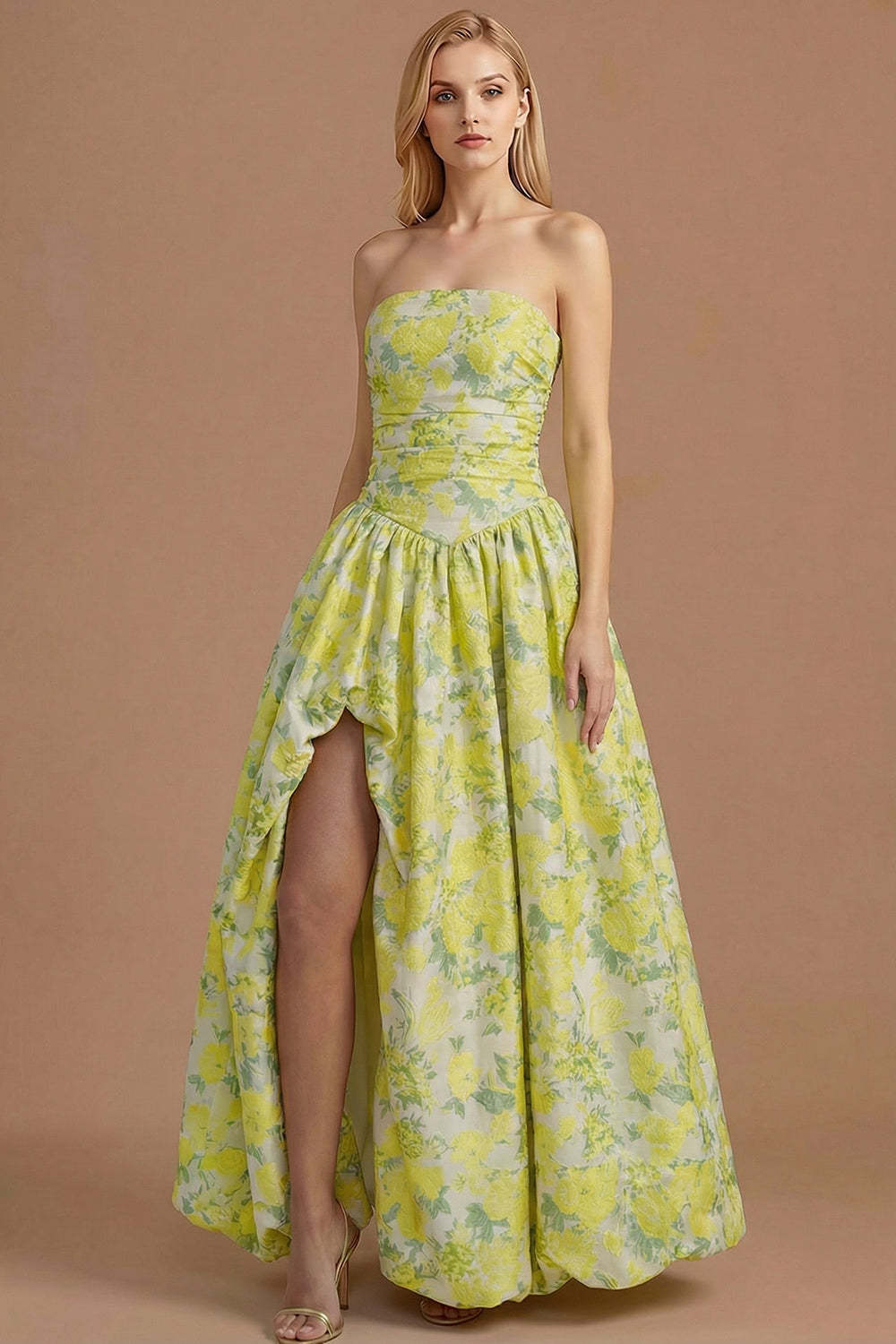 A Line Blue Daffodil Floral Jacquard Maxi Prom Dress with Slit