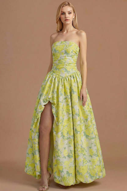 A Line Blue Daffodil Floral Jacquard Maxi Prom Dress with Slit