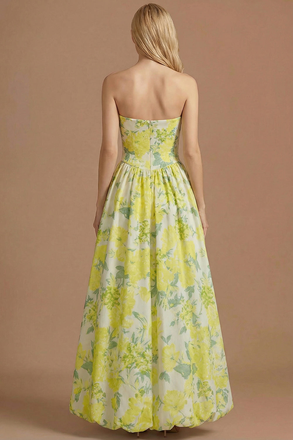 A Line Blue Daffodil Floral Jacquard Maxi Prom Dress with Slit