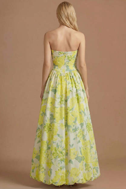 A Line Blue Daffodil Floral Jacquard Maxi Prom Dress with Slit