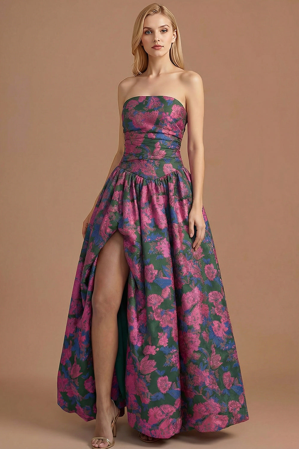 A Line Blue Daffodil Floral Jacquard Maxi Prom Dress with Slit