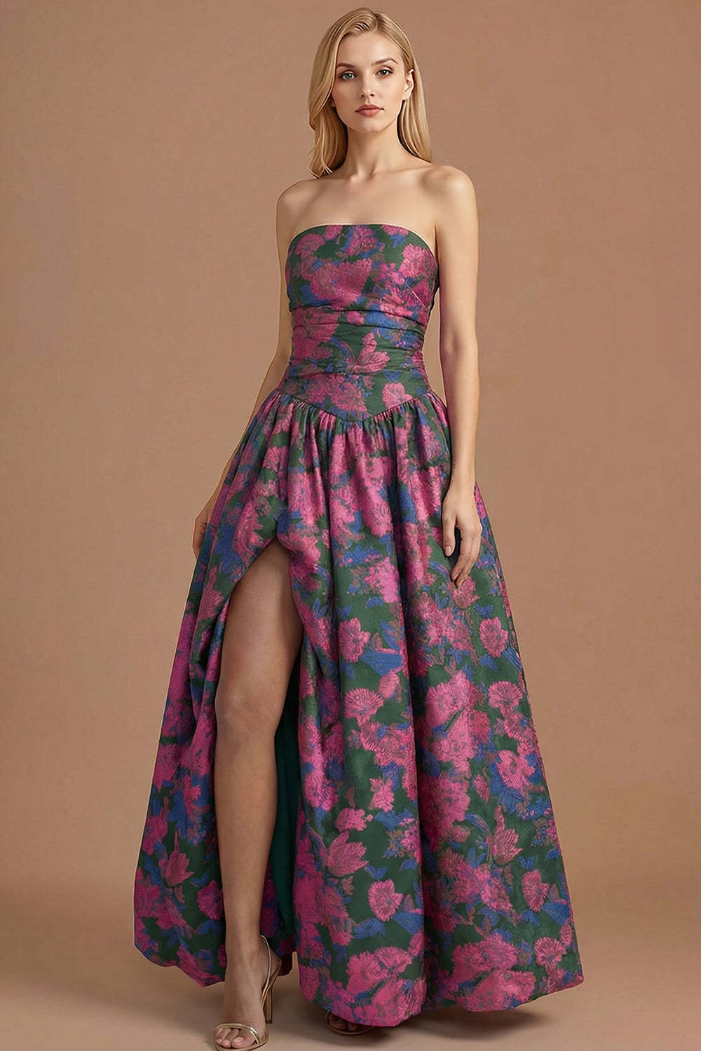 A Line Blue Daffodil Floral Jacquard Maxi Prom Dress with Slit