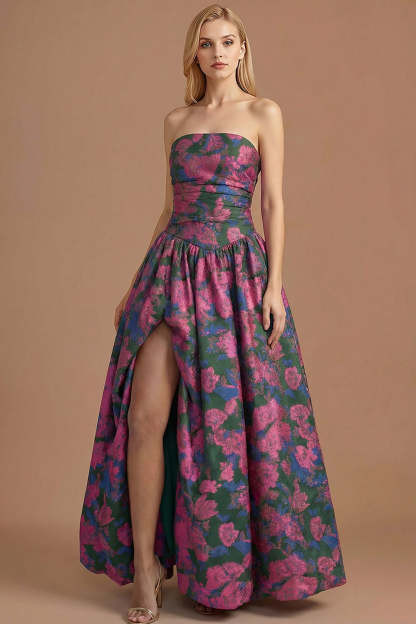 A Line Blue Daffodil Floral Jacquard Maxi Prom Dress with Slit