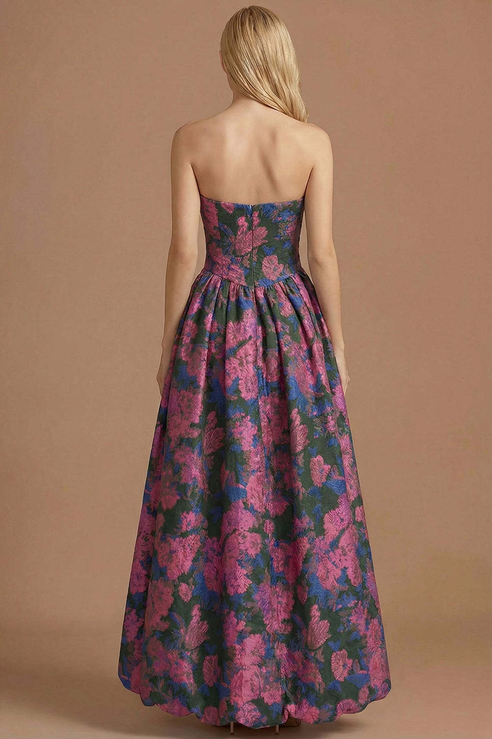 A Line Blue Daffodil Floral Jacquard Maxi Prom Dress with Slit