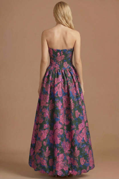 A Line Blue Daffodil Floral Jacquard Maxi Prom Dress with Slit