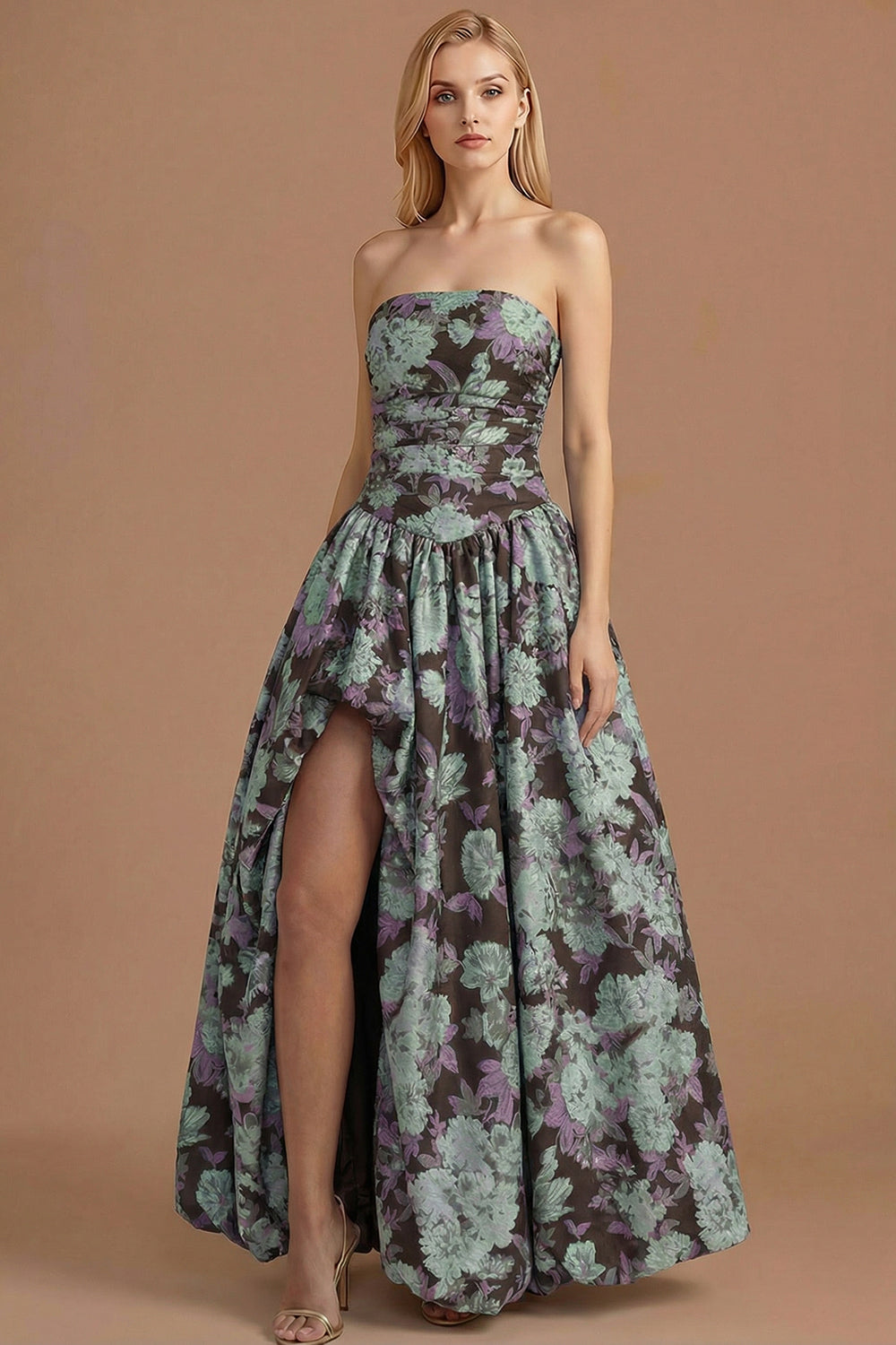 A Line Blue Daffodil Floral Jacquard Maxi Prom Dress with Slit