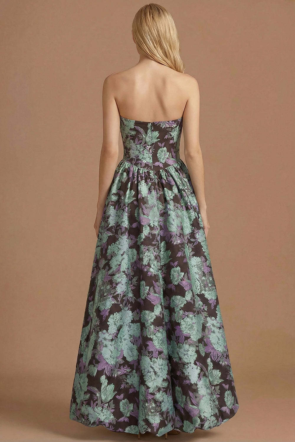 A Line Blue Daffodil Floral Jacquard Maxi Prom Dress with Slit