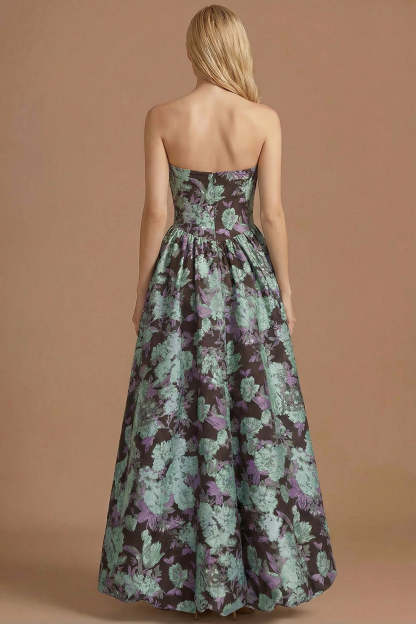 A Line Blue Daffodil Floral Jacquard Maxi Prom Dress with Slit