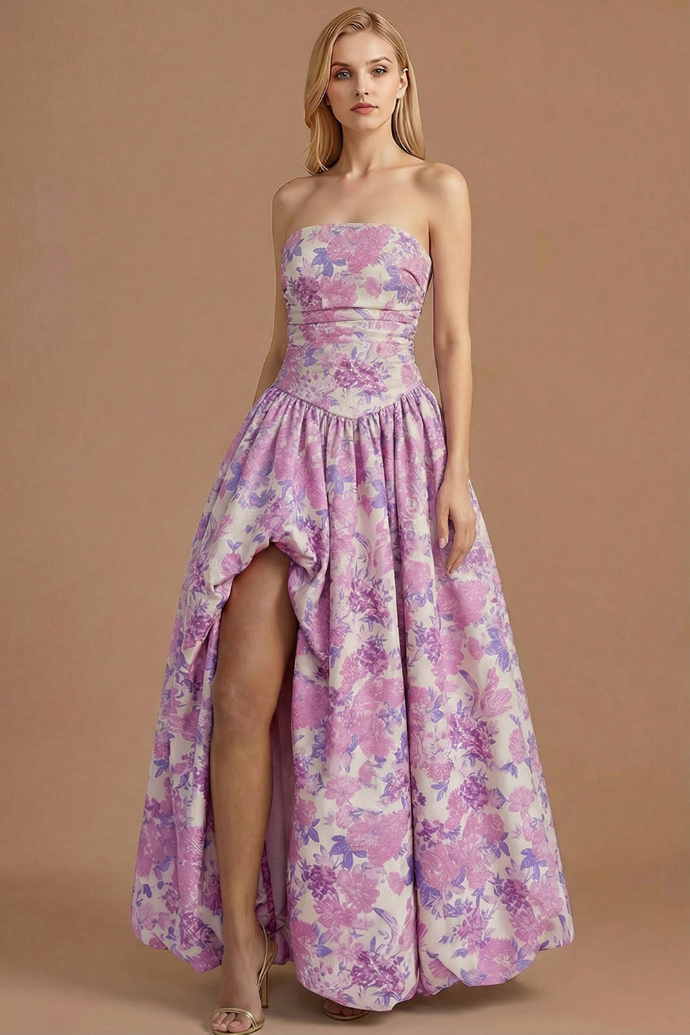 A Line Blue Daffodil Floral Jacquard Maxi Prom Dress with Slit