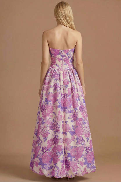 A Line Blue Daffodil Floral Jacquard Maxi Prom Dress with Slit