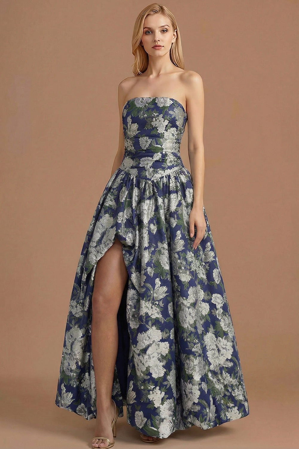 A Line Blue Daffodil Floral Jacquard Maxi Prom Dress with Slit