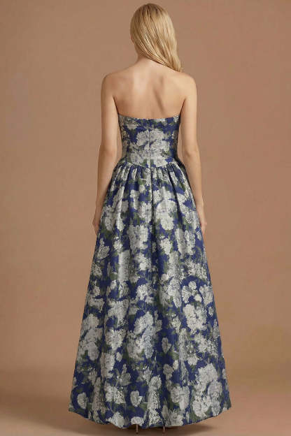 A Line Blue Daffodil Floral Jacquard Maxi Prom Dress with Slit