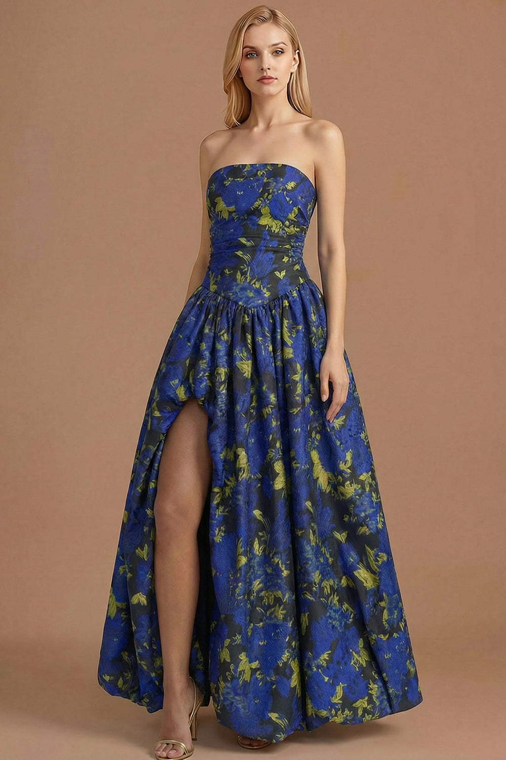 A Line Blue Daffodil Floral Jacquard Maxi Prom Dress with Slit