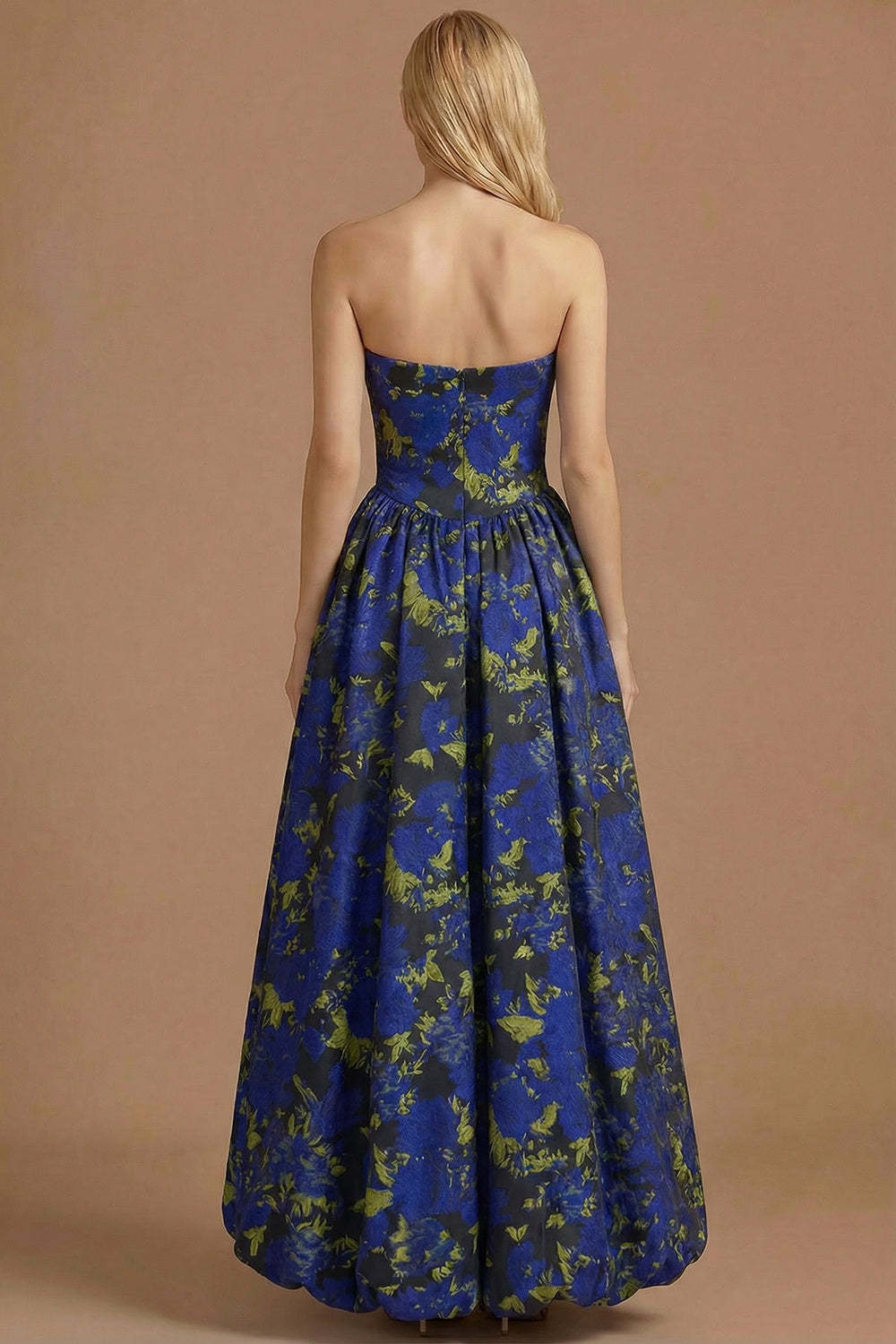 A Line Blue Daffodil Floral Jacquard Maxi Prom Dress with Slit