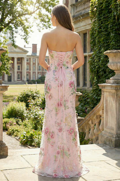 Sparkly Pink Sweetheart Floral Long Mermaid Prom Dress with Slit