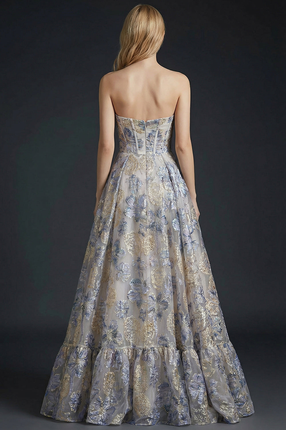 Dusty Blue Jacquard Floral Corset Long Prom Dress with Slit