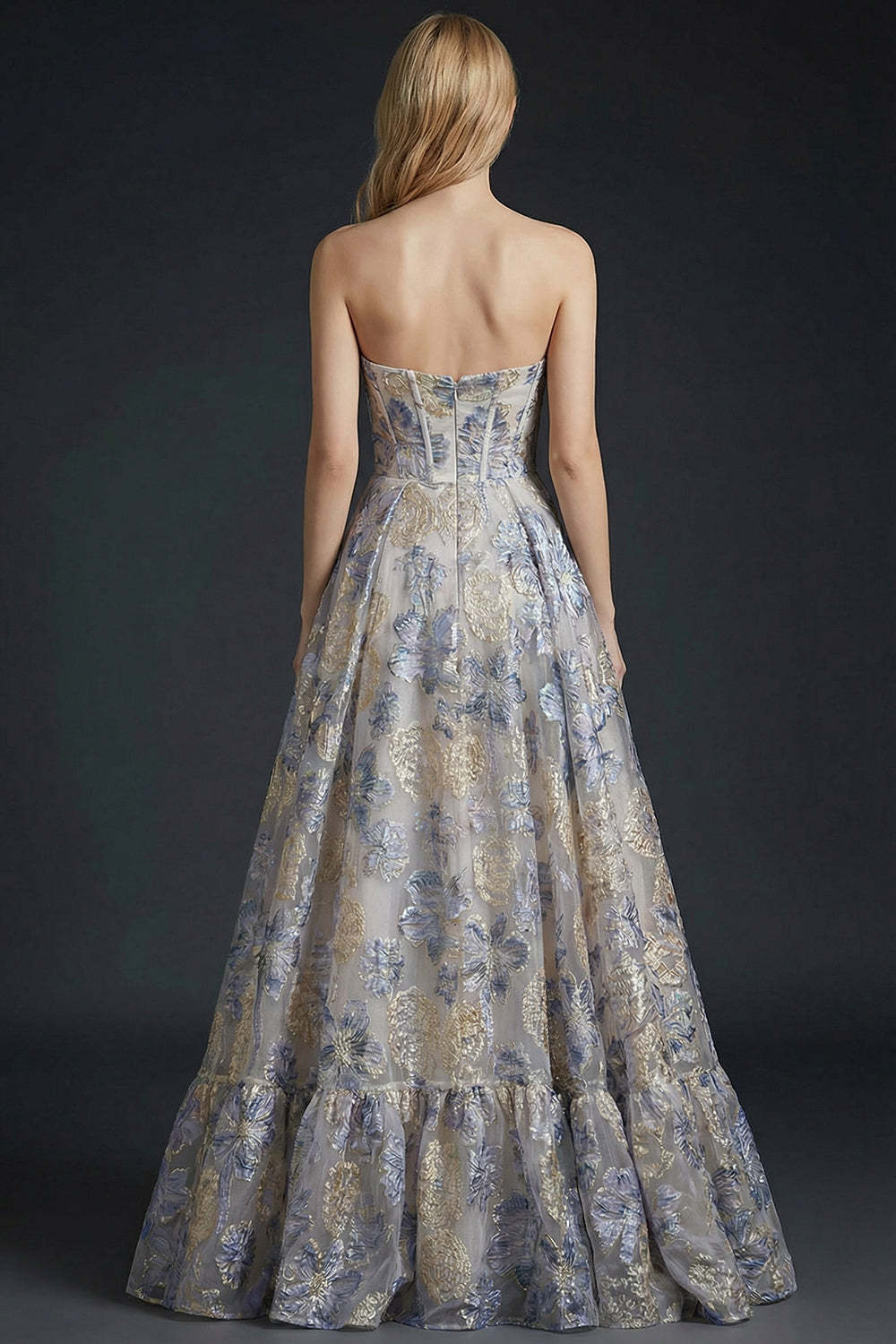 Dusty Blue Jacquard Floral Corset Long Prom Dress with Slit