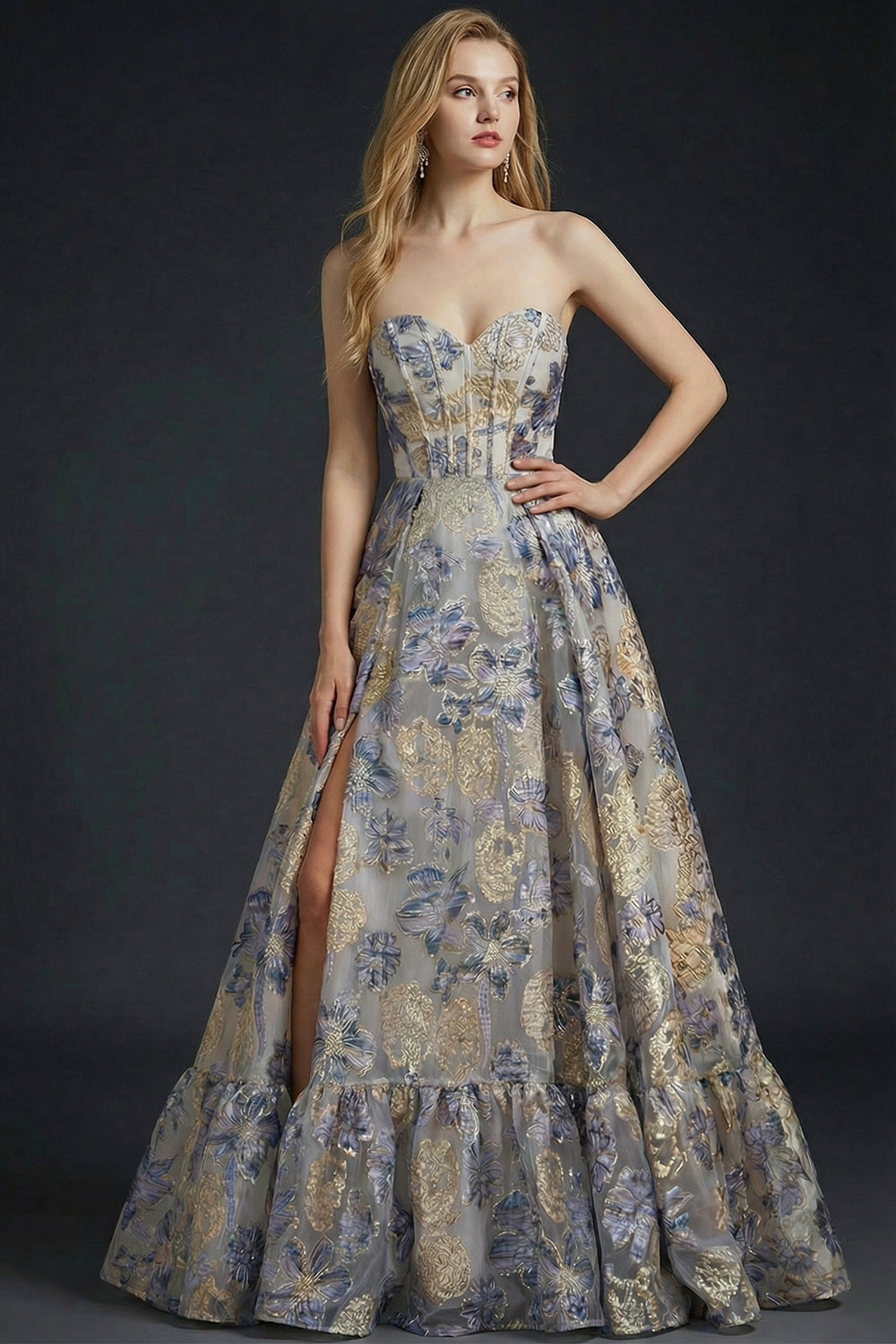 Dusty Blue Jacquard Floral Corset Long Prom Dress with Slit