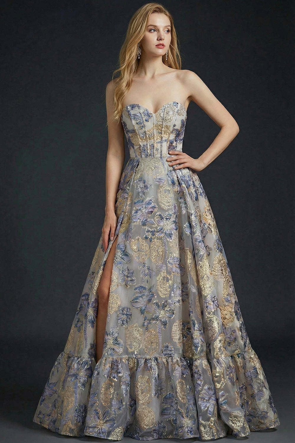 Leely Women Dusty Blue Floral Corset Long Prom Dress with Slit Jacquard Sweetheart Backless Gala Dress
