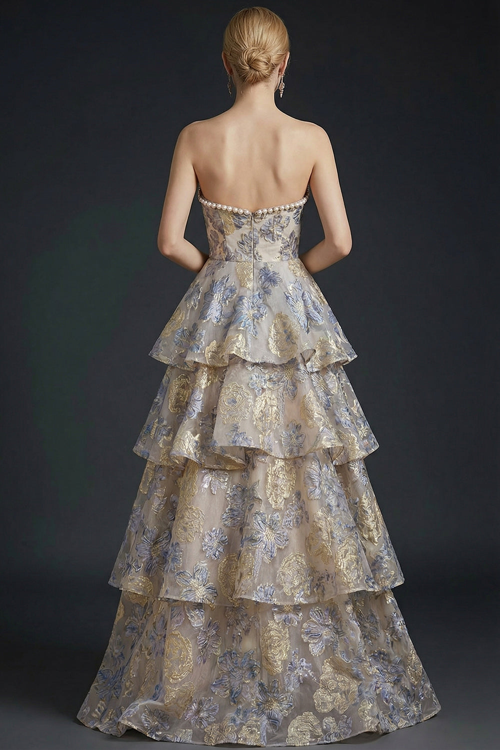 Jacquard Dusty Blue Floral Corset Sweetheart Long Prom Dress with Beading