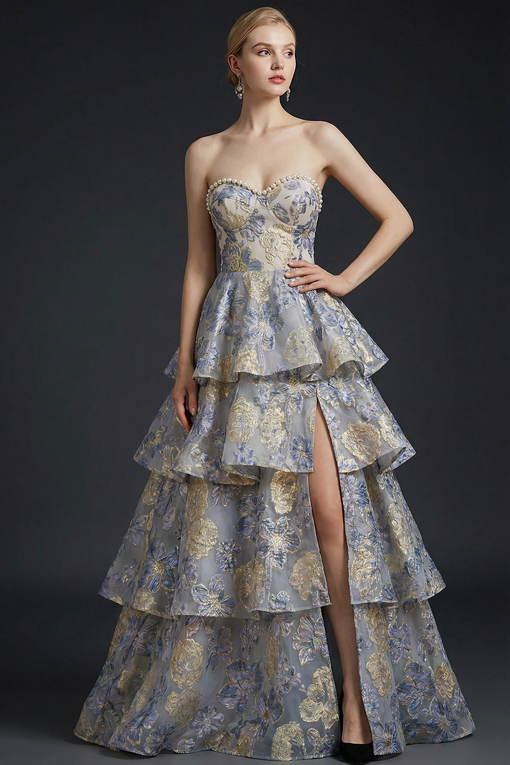 Jacquard Dusty Blue Floral Corset Sweetheart Long Prom Dress with Beading