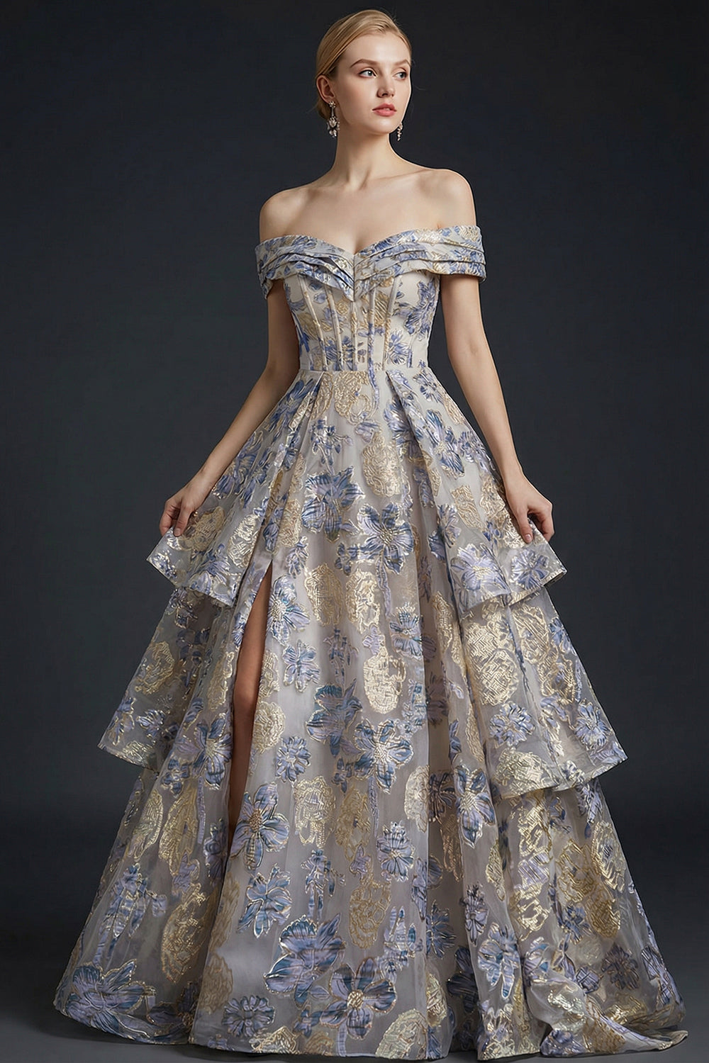 Leely Women Dusty Blue Floral Corset Long Prom Dress with Slit Ruffled Jacquard Off the Shoulder Backless Gala Dress