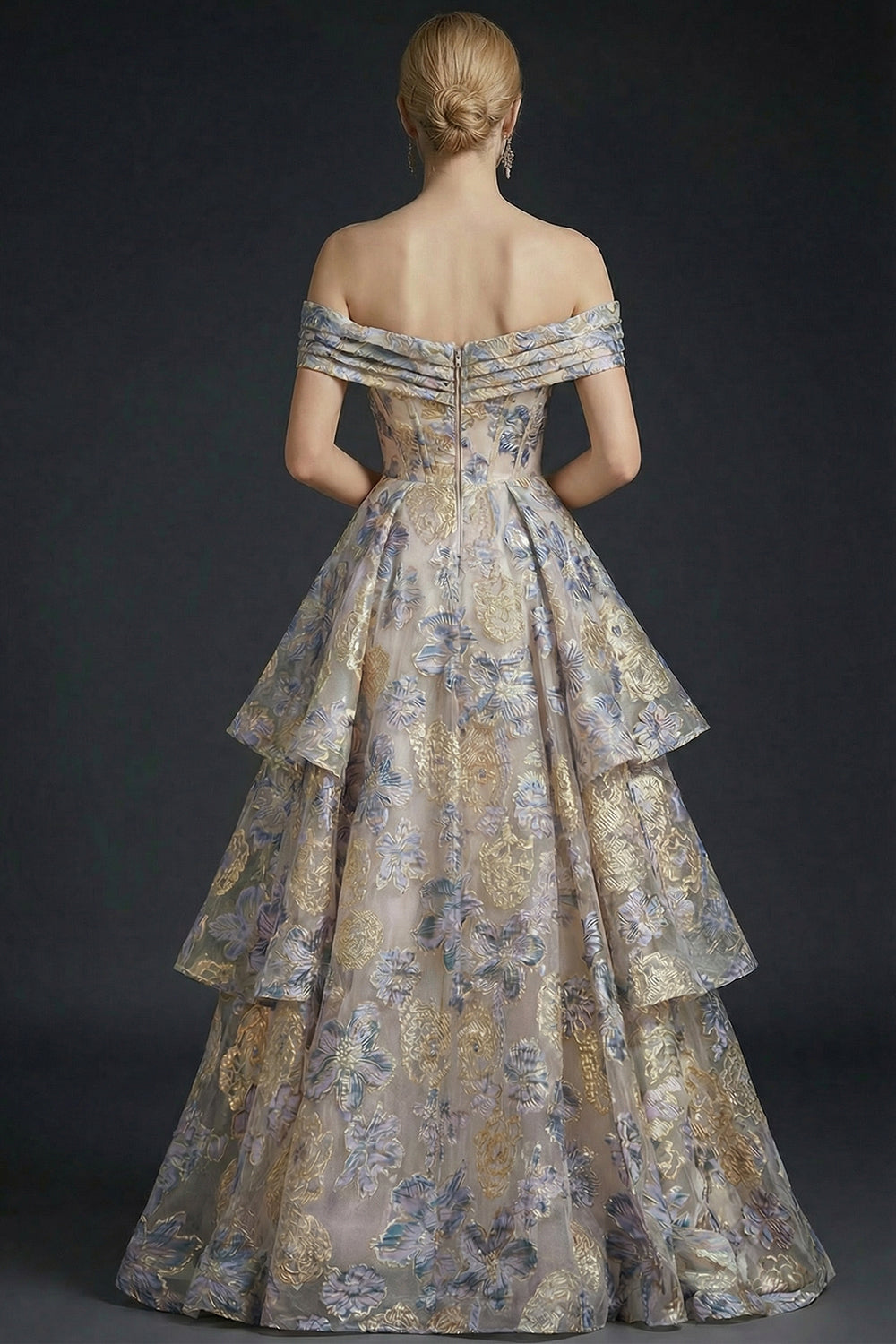 Jacquard Dusty Blue Floral Corset Off the Shoulder Long Prom Dress with Slit