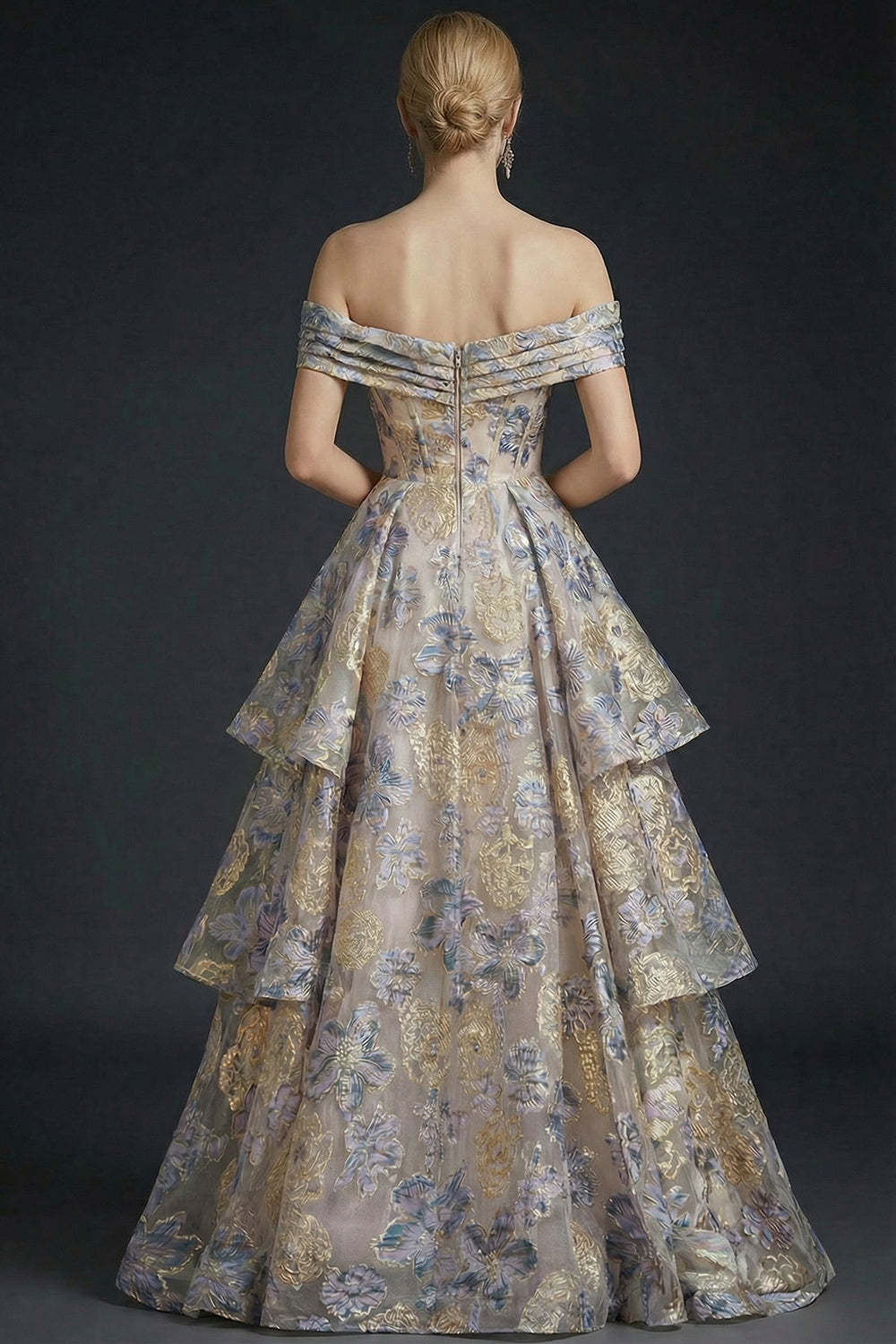 Jacquard Dusty Blue Floral Corset Off the Shoulder Long Prom Dress with Slit