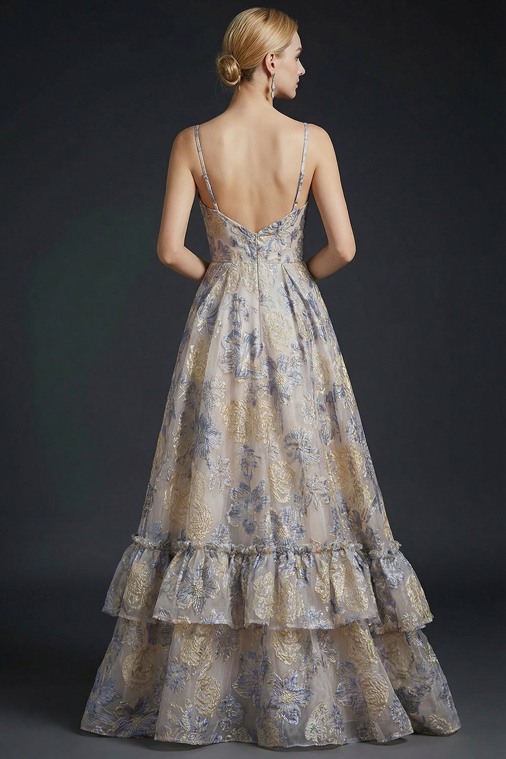 Spaghetti Straps Dusty Blue Floral Jacquard Corset Maxi Prom Dress with Slit