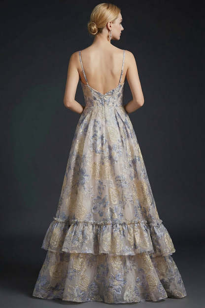 Spaghetti Straps Dusty Blue Floral Jacquard Corset Maxi Prom Dress with Slit