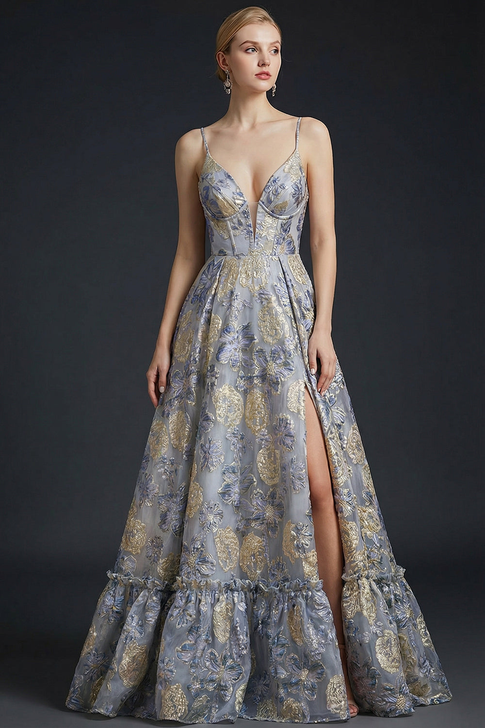Spaghetti Straps Dusty Blue Floral Jacquard Corset Maxi Prom Dress with Slit