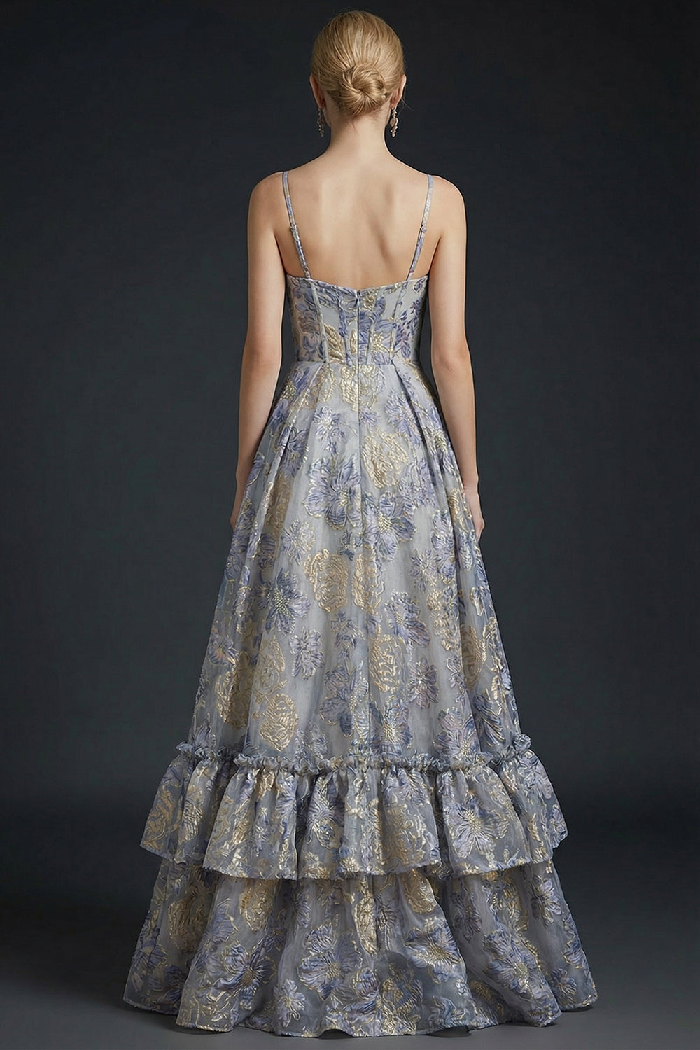 Ruffled Spaghetti Straps Dusty Blue Floral Corset Maxi Prom Dress with Slit