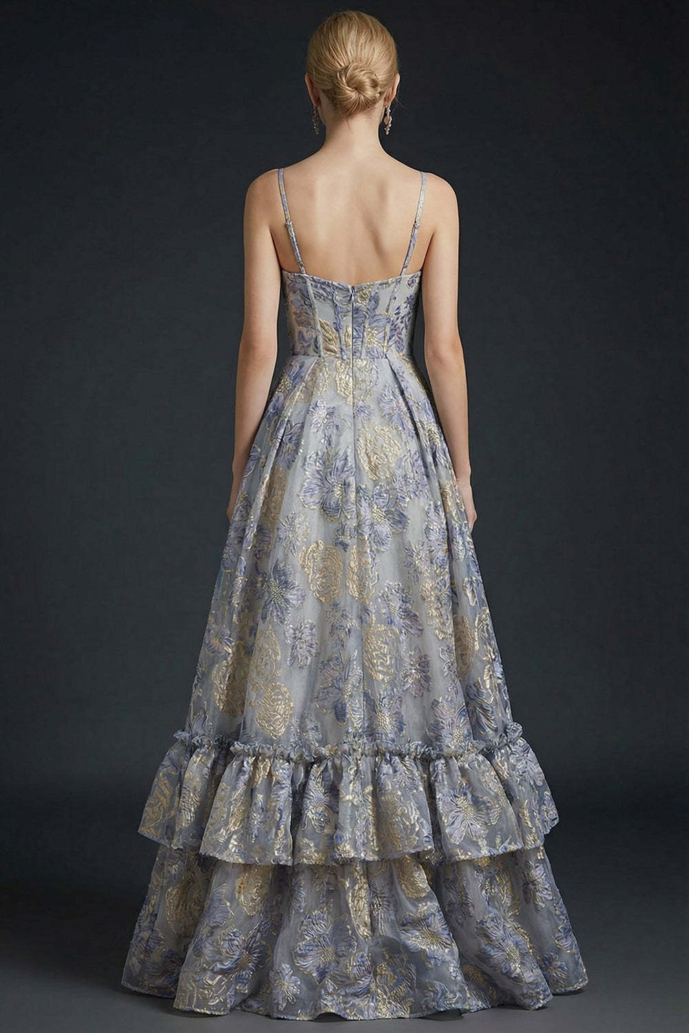 Ruffled Spaghetti Straps Dusty Blue Floral Corset Maxi Prom Dress with Slit